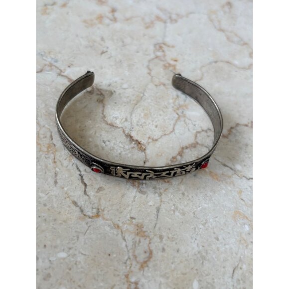 Tibetan-Inspired Silver Cuff Bracelet With Red Gemstones & Engraved Mantra Desig - Picture 2 of 8